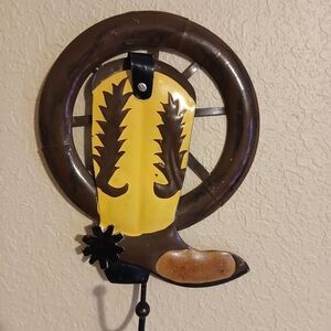 Western Boot Wall Hook with Brown and Yellow Accents Made Of Lightweight Metal